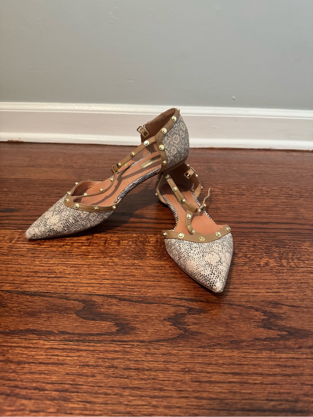 Halogen Snake-Print Pointed Flats with Tan Stud Trim